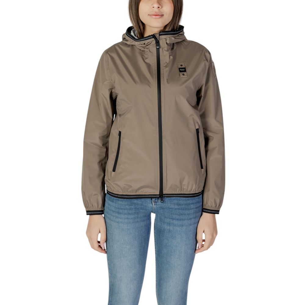 Blauer Green Polyamide Shell Jacket with zipper and hood, model NAY 25SBLDC11237 007110, worn by a woman in jeans.