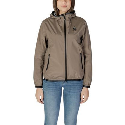 Blauer Green Polyamide Shell Jacket with zipper and hood, model NAY 25SBLDC11237 007110, worn by a woman in jeans.