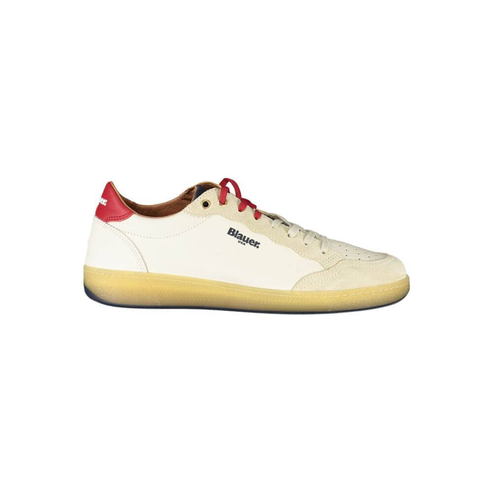 Blauer White Leather Men Sneaker with blue and red accents, featuring double lace-up closure and removable insole for comfort.