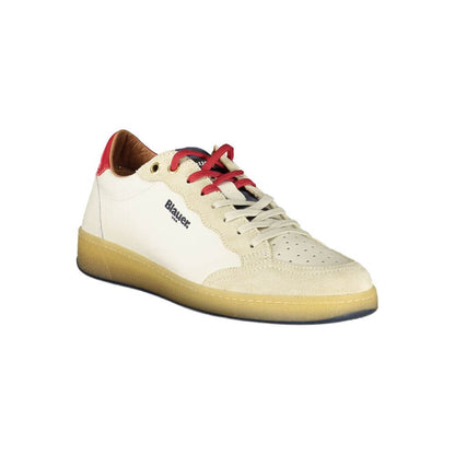 Blauer White Leather Men Sneaker with blue and red details, elevated athletic design, and double lace-up closure for style and comfort.
