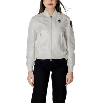 Blauer White Polyamide Bomber jacket with front zipper and elastic cuffs for women, showcasing urban style and functionality.