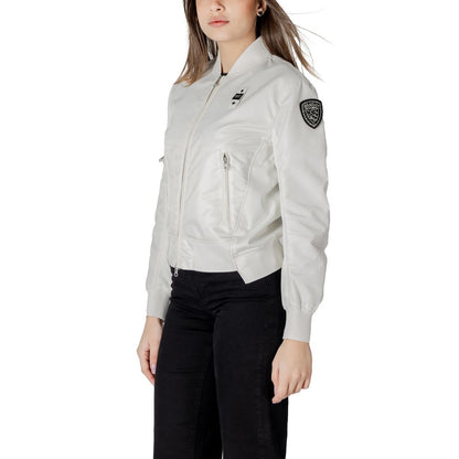 Woman wearing Blauer White Polyamide Bomber with zipper closure and elastic cuffs, showcasing urban style and practicality with zip pockets.