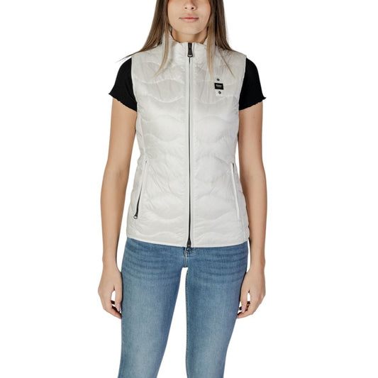 Woman wearing Blauer White Polyamide Sleveless Jacket with wavy quilting and side zip pockets, showcasing lightweight style and comfort.
