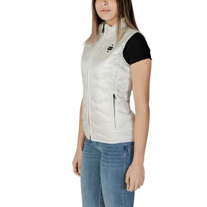 Woman wearing Blauer White Polyamide Sleeveless Jacket with wavy quilting and side zip pockets, showcasing modern style and practicality.