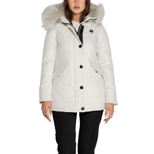 Woman wearing Blauer White Polyester Parka with fur-trimmed hood, showcasing winter fashion and comfort.