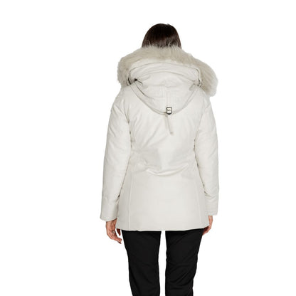 Back view of Blauer White Polyester Parka with hood, featuring a slightly fitted silhouette for winter protection.