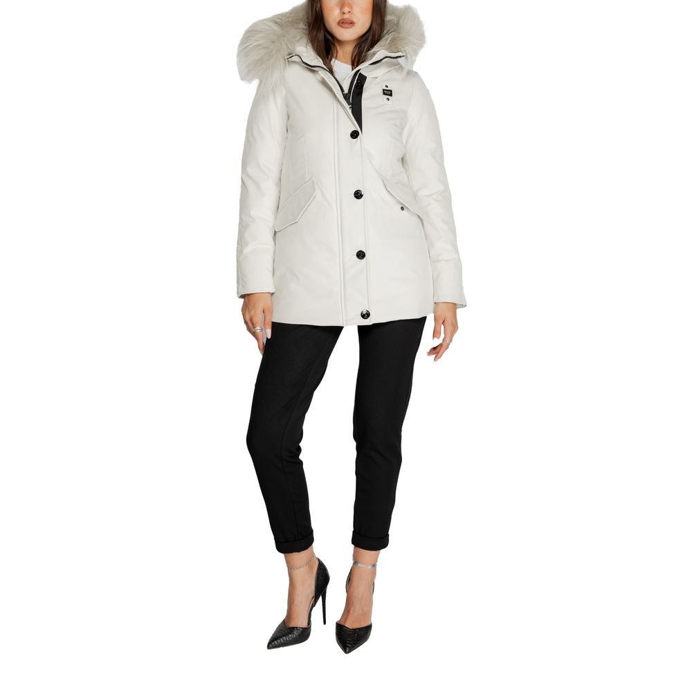 Blauer White Polyester Parka for women with button closure and fur-trimmed hood, featuring a stylish and comfortable design for winter.