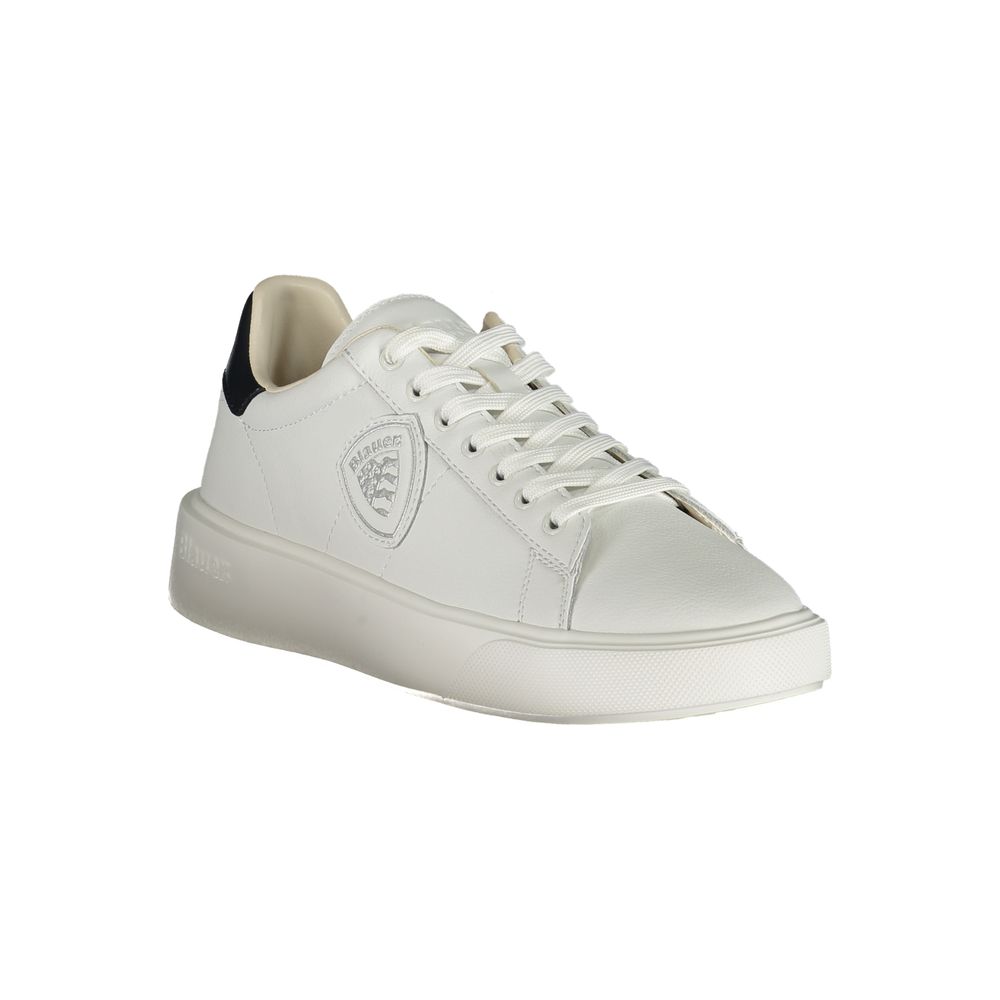 Blauer White Polyethylene Men Sneaker with blue accents and leather-polyester blend, stylish and dynamic footwear on white background.