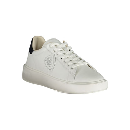 Blauer White Polyethylene Men Sneaker with blue accents and leather-polyester blend, stylish and dynamic footwear on white background.