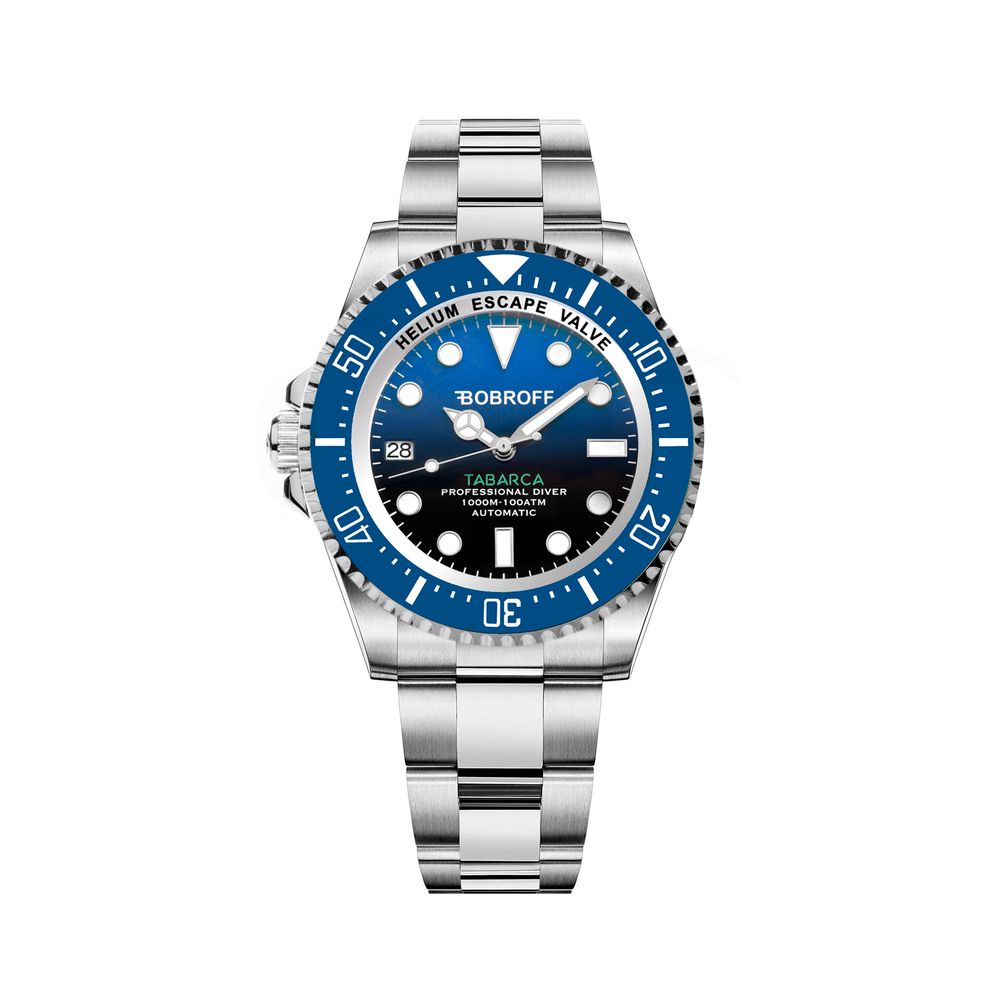 Bobroff Silver Stainless Steel Sport Watch with blue dial and sapphire glass, featuring NH35 Automatic caliber and 100ATM water resistance.