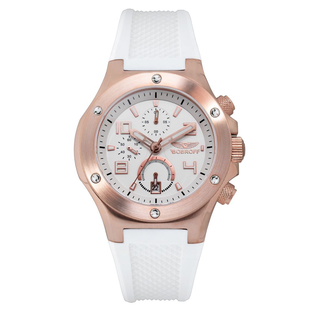 Bobroff White Rubber Bracelet Watch with pink gold steel case, white analog dial, sapphire glass, quartz movement, and buckle closure.