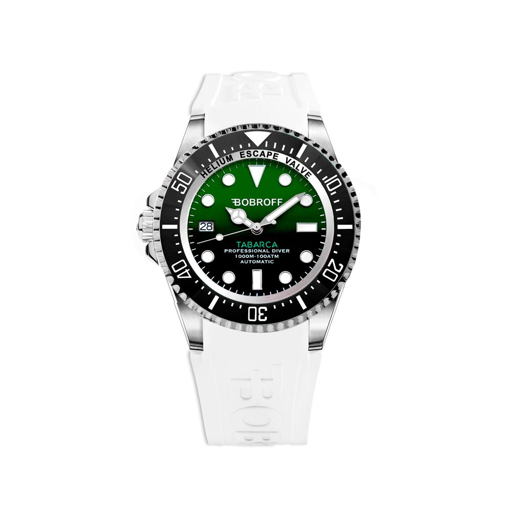 Bobroff White Synthetic Sport Watch with green dial and white silicone band, stainless steel case, automatic mechanism, 44mm diameter.