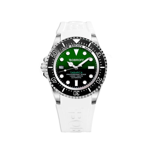 Bobroff White Synthetic Sport Watch with green dial and white silicone band, stainless steel case, automatic mechanism, 44mm diameter.