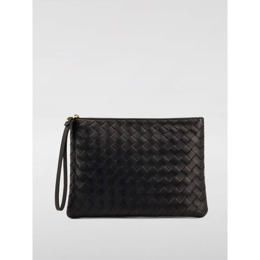Bottega Veneta Black Leather Handbag with woven design, zip closure, and wristlet strap, perfect for essentials.