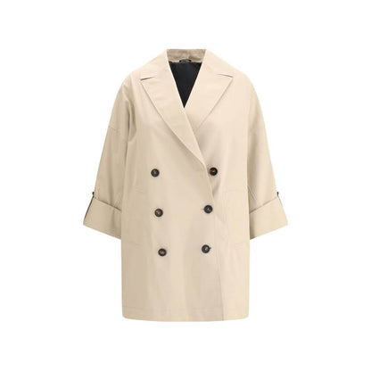 Brunello Cucinelli Beige Cotton Coat with wide lapel and jewel details, double-breasted for a sophisticated, modern feminine look.