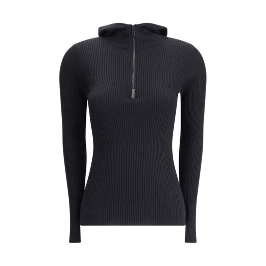 Brunello Cucinelli Black Cashmere Sweatshirt with ribbed knit, hood, and front zipper, showcasing a casual-chic and refined style.
