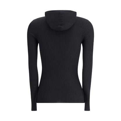Back view of Brunello Cucinelli Black Cashmere Sweatshirt with hood and ribbed knit design.