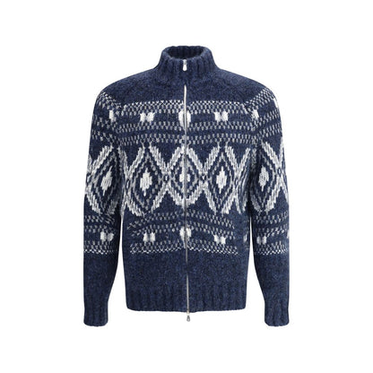Brunello Cucinelli Blue Alpaca Vicugna Pacos Cardigan with geometric knit design and high collar, featuring a double-slider zipper.