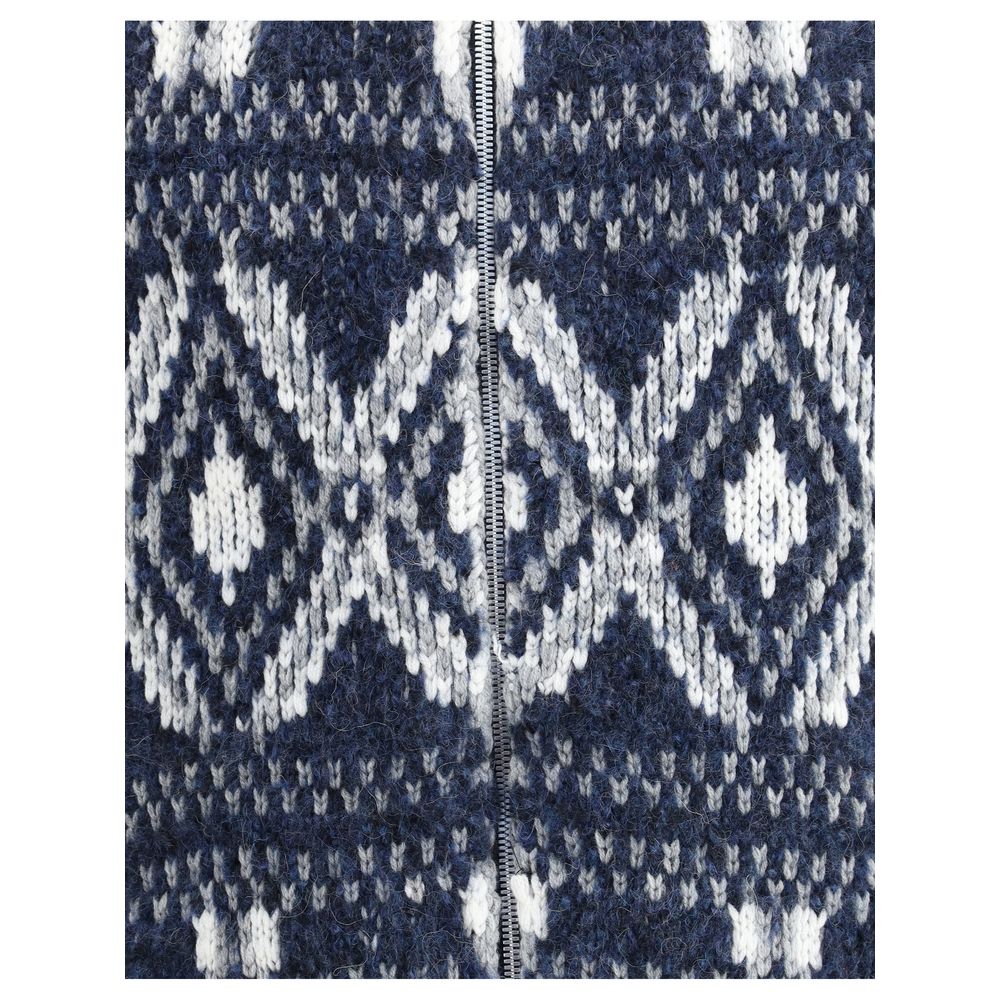 Brunello Cucinelli Blue Alpaca Vicugna Pacos Cardigan with geometric knit design, featuring a stylish double-slider zipper front.