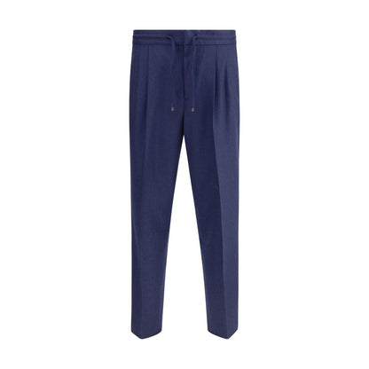 Brunello Cucinelli Blue Fleece Wool Casual Pants with drawstring waistband and side pockets, featuring mélange pattern and regular fit.
