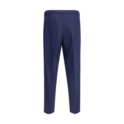 Back view of Brunello Cucinelli Blue Fleece Wool Casual Pants showing elastic waistband and welt pockets.