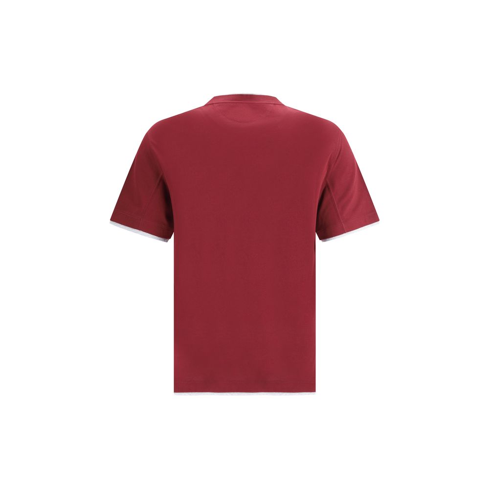 Brunello Cucinelli Bordeaux Cotton T-Shirt with double-layer hems, back view showcasing elegant monochrome design.