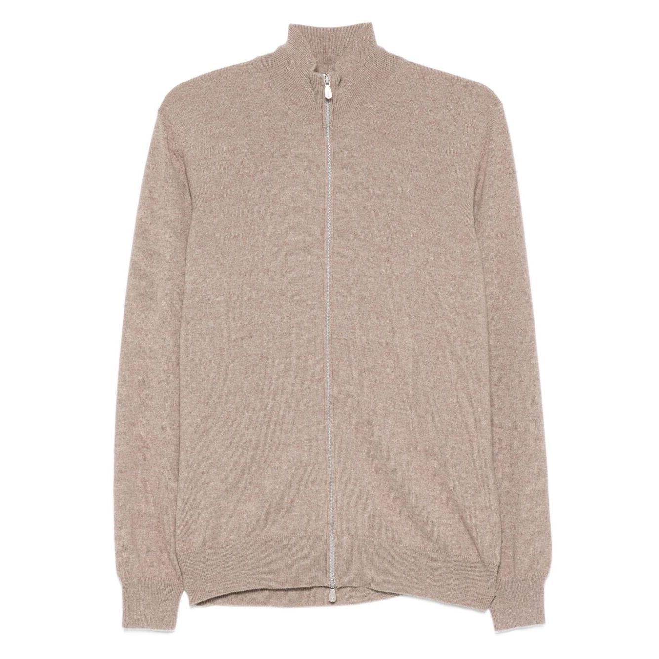 Brunello Cucinelli Cashmere Zipped Cardigan in brown with high neck, long sleeves, and ribbed cuffs and hem.
