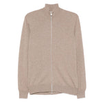 Brunello Cucinelli Cashmere Zipped Cardigan in brown with high neck, long sleeves, and ribbed cuffs and hem.
