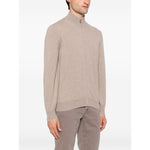 Brunello Cucinelli Cashmere Zipped Cardigan in brown with front zip and high neck, featuring long sleeves, ribbed cuffs, and hem.