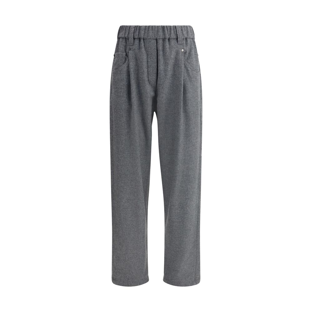 Brunello Cucinelli Gray Fleece Wool Casual Pants with elastic waistband and five-pocket design, showcasing sophisticated style.