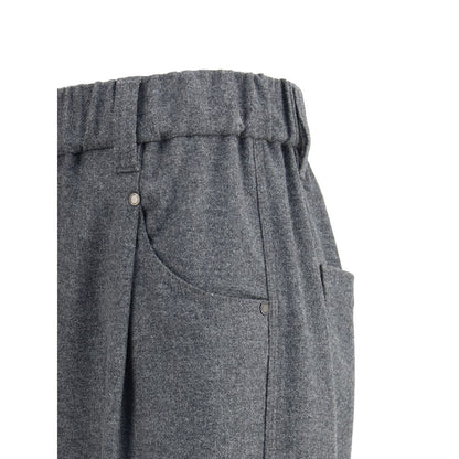 Close-up of Brunello Cucinelli Gray Fleece Wool Casual Pants with elastic waistband and five-pocket design.