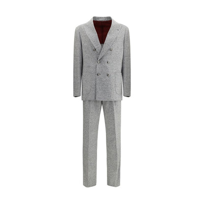 Brunello Cucinelli Gray Wool Two-Piece Suit with metal button closure and peaked lapels, showcasing luxury tailoring in grisaille fabric.