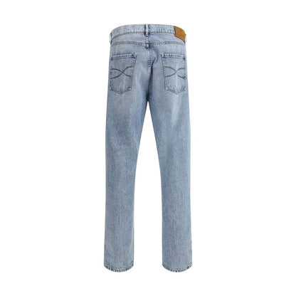 Brunello Cucinelli Light Blue Cotton Straight-Leg Jeans with leather patch and classic fit, rear view.