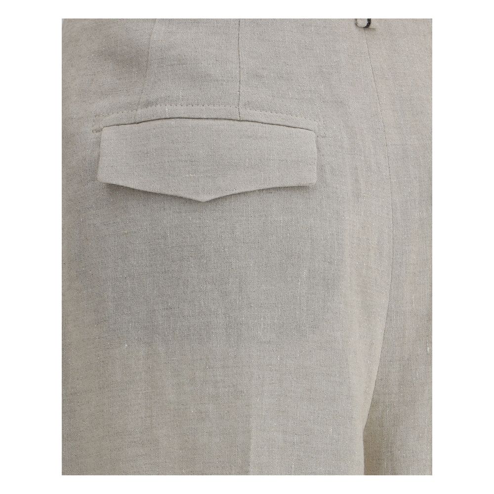 Detail of back flap pocket on Brunello Cucinelli Linen Pants highlighting luxe lamé weave and elegant craftsmanship.