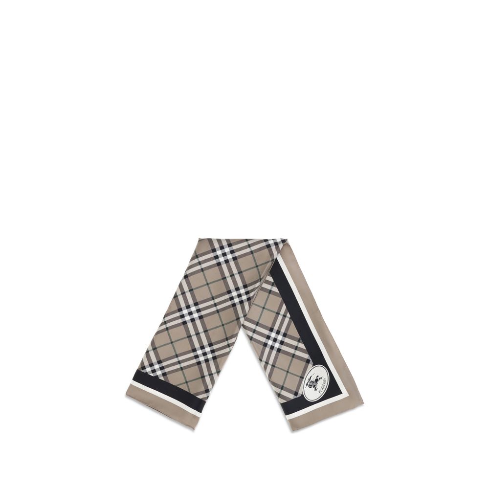 Burberry Beige Silk Scarf with Archive Check pattern and Equestrian Knight logo, perfect for adding sophistication to any outfit.