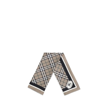 Burberry Beige Silk Scarf with Archive Check pattern and Equestrian Knight logo, perfect for adding sophistication to any outfit.