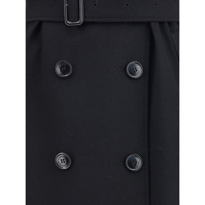 Close-up of Burberry Black Cashmere Coat showing double-breasted button closure and waist belt detailing.