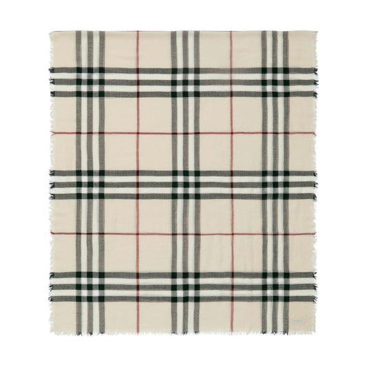 Burberry Check wool scarf with beige house check pattern and raw-cut edge, featuring a logo tag. Size: 200x90cm.