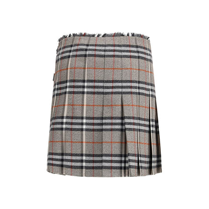 Burberry Gray Wool Mini Skirt with check pattern, pleats, leather straps, and B-shaped buckle, showcasing elegance and style.