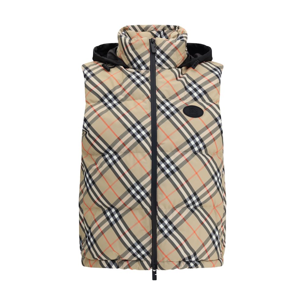 Burberry Multicolor Polyester Sleveless Jacket with iconic check design, packaway hood, and Equestrian Knight Design emblem.