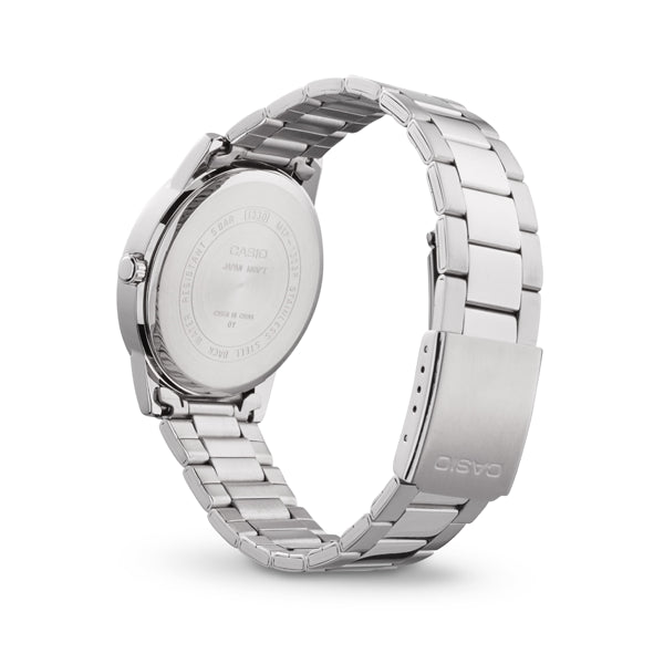 Back view of CASIO COLLECTION Mod. 3 H - BLACK wristwatch with metal strap and quartz movement, showcasing water resistance and design.