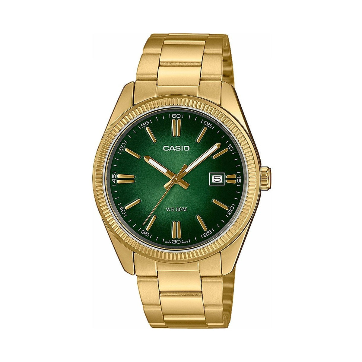 CASIO COLLECTION Mod. DATE, GOLD - GREEN wristwatch with SS IP gold case and strap, quartz movement, 5 ATM water resistance.
