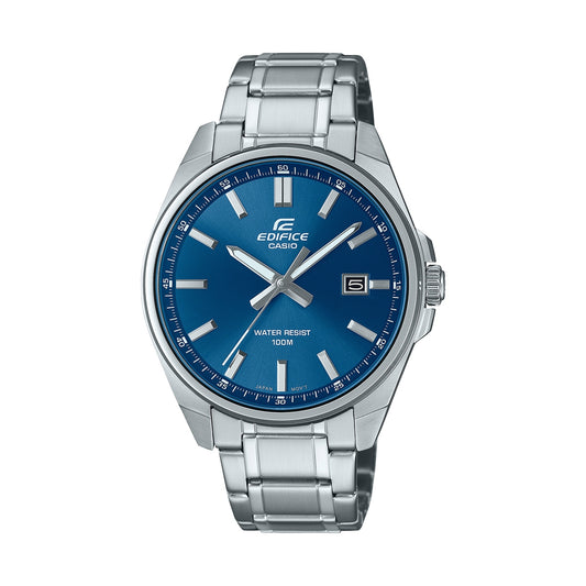 Alt Tag: CASIO EDIFICE Mod. CLASSIC DATE - BLUE wristwatch with stainless steel bracelet and blue dial, water resistant to 10 ATM, quartz movement.