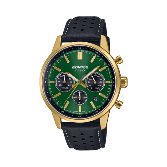 CASIO EDIFICE Mod. STANDARD CHRONOGRAPH GOLD - GREEN wristwatch with gold stainless steel case, green dial, black leather strap, and chronograph features