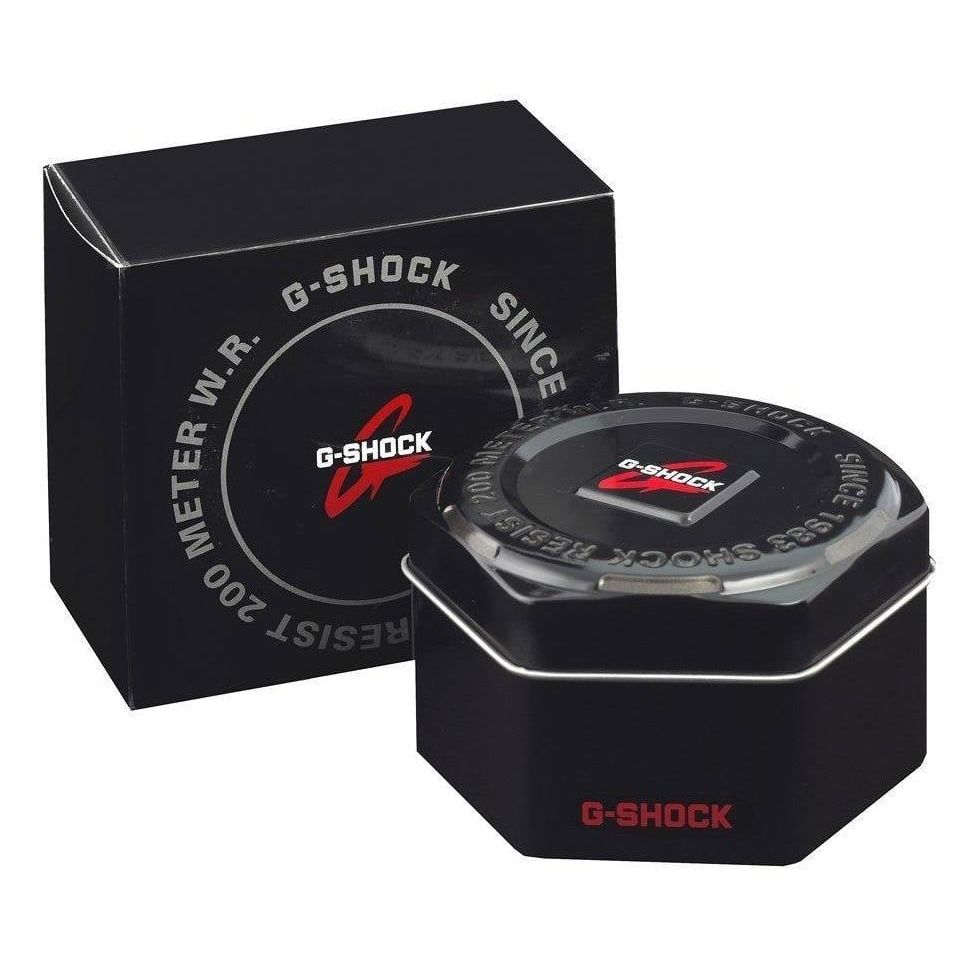 Official box packaging for CASIO G-SHOCK Mod. GS-BASIC - BLACK ADN GOLD SERIES watch, water resistant, quartz movement, resin material.