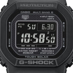Close-up of CASIO G-SHOCK Mod. THE NEW ORIGIN Multiband 6 - TOUGH SOLAR - FULL BLACK watch face, showing digital display and resin case.
