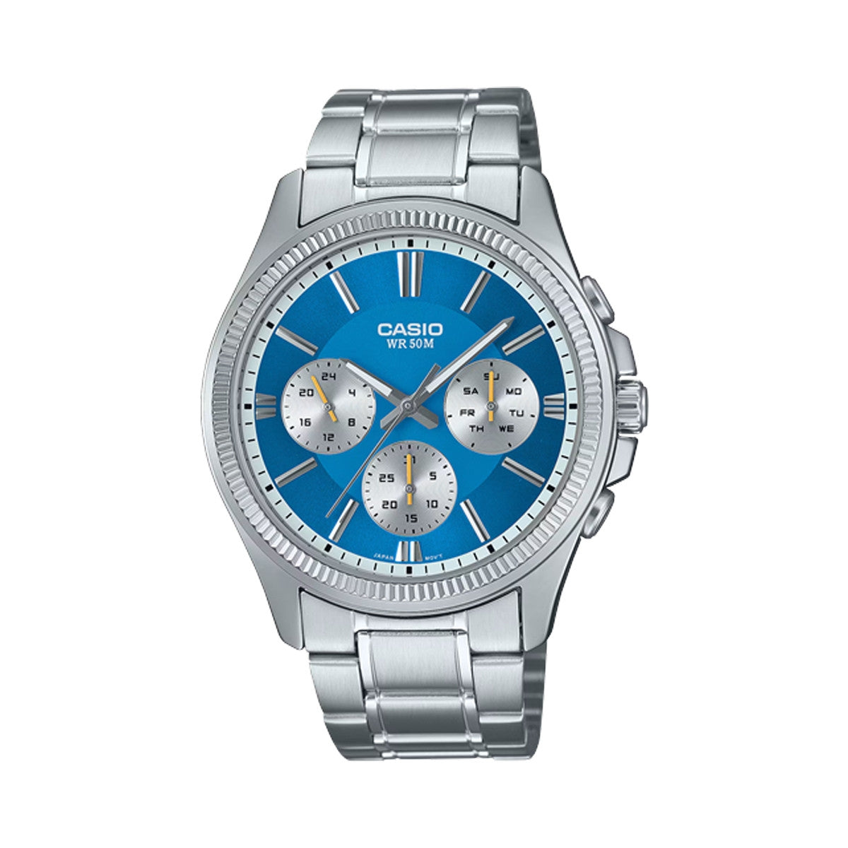 CASIO Mod. DAY DATE MULTIFUNCTION - LIGHT BLUE wristwatch with stainless steel strap, quartz movement, and mineral dial, water resistant 5 ATM.