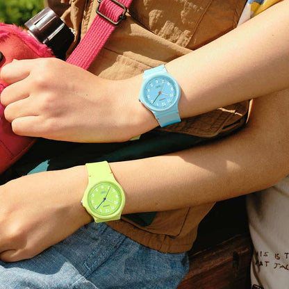 CASIO TIMELESS COLLECTION Mod. POP - BIO RESIN STRAP - LEMON GREEN wristwatch on a person's wrist, showcasing stylish design.