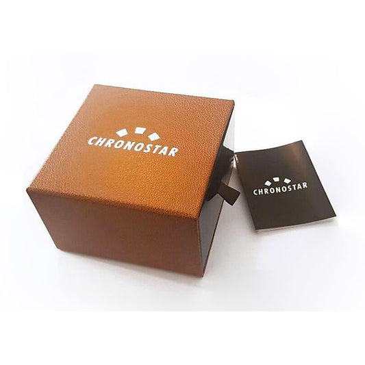 CHRONOSTAR MOD. R3753298005 watch packaging box with logo, orange texture, and accompanying branding booklet included.