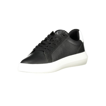 Calvin Klein Black Leather Men Sneaker with white sole, bold design, and iconic logo, perfect for street style or casual wear.